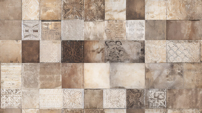 Weathered vintage porcelain stoneware tiles with a rustic brown and gray mosaic pattern on a concrete wall.