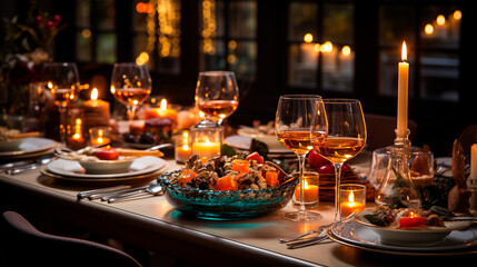 Fototapeta premium Festive Dining: Christmas and New Year's Eve Table Settings for Memorable Gatherings. Generative AI.
