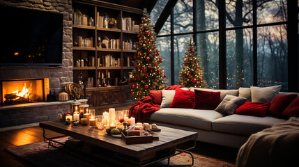 Fototapeta na wymiar A Winter Wonderland: Cozy Living Room Christmas Decor . Generative AI.