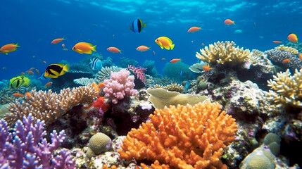 Naklejka na ściany i meble Colorful coral reef. Living corals and reefs. Deep water marine ocean environment.