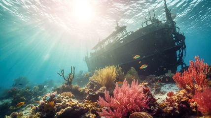 Zelfklevend Fotobehang Abandoned ship underwater in the sun's rays and a colorful multi-colored bright coral reef © Рика Тс