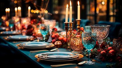 Naklejka premium Elegantly Set Dinner Table for Festive Christmas and New Year's Eve Celebrations. Generative AI.