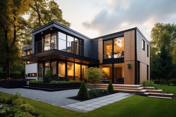 A modern home with a garage and a beautiful terrace - obrazy, fototapety, plakaty