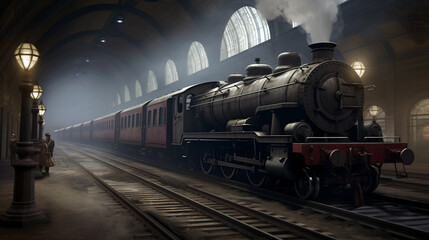 A vintage steam locomotive embarks on its journey from the historic railway station.. - obrazy, fototapety, plakaty