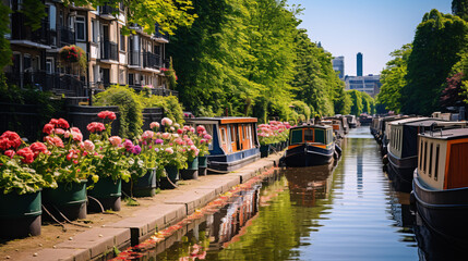 Fototapeta na wymiar The canal banks are adorned with a charming array of houseboats and narrow boats in neat rows..