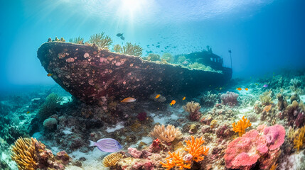 Abandoned ship underwater in the sun's rays and a colorful multi-colored bright coral reef - obrazy, fototapety, plakaty