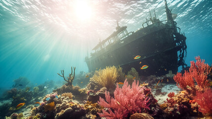 Abandoned ship underwater in the sun's rays and a colorful multi-colored bright coral reef