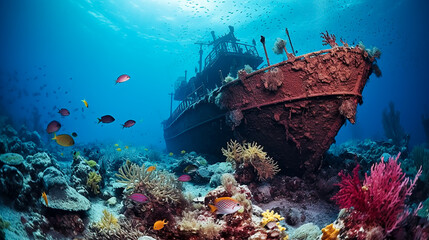 Abandoned ship underwater in the sun's rays and a colorful multi-colored bright coral reef - obrazy, fototapety, plakaty