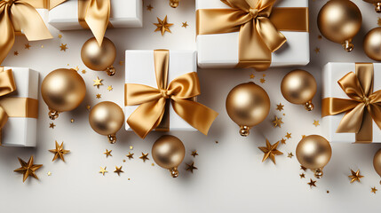 Christmas flat lay composition. Christmas gift boxes, balls and golden decorations on white background. Flat lay, top view, copy space.