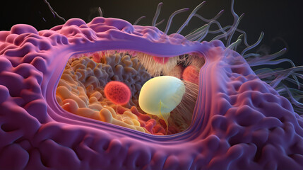 A 3D illustration offers a detailed view of the nucleus, organelles, and plasma membrane within an eukaryotic cell..