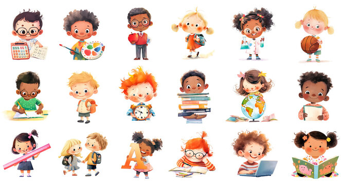 Collection of cute school kids. Education clipart. Mathe, drawing, chemistry, sports, reading, writing, geography. Isolated cartoon characters, school boys and girls. AI generative