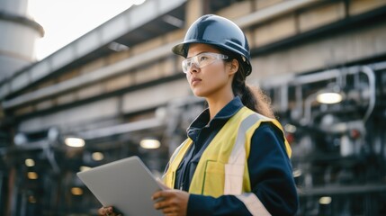 Female engineer checking work in factory with digital tablet.
