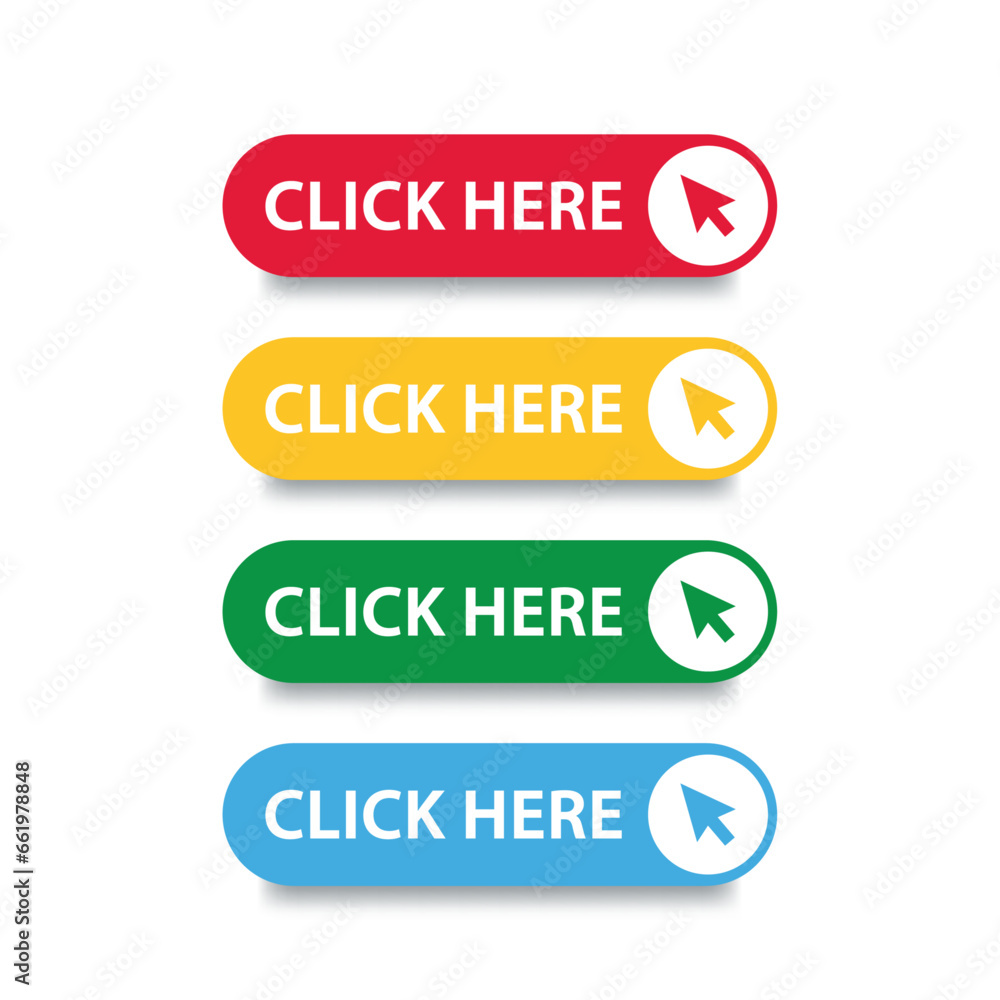 Poster click here button with arrow pointer clicking icon. click here vector web button. web button with ac