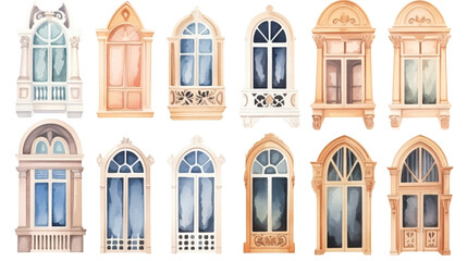 A collection of vintage watercolor paintings depicting various old European balcony windows, each unique in shape - obrazy, fototapety, plakaty