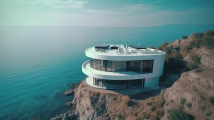 Crédence de cuisine en verre imprimé Canada Futuristic modern house by ocean drone photo beautiful image Ai generated art