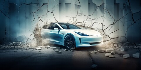 Electrifying Entrance: A White Electric Car Pierces through a Cracked Wall Like a Bolt of Lightning, Combining Innovation and Raw Power in a Spectacular Display