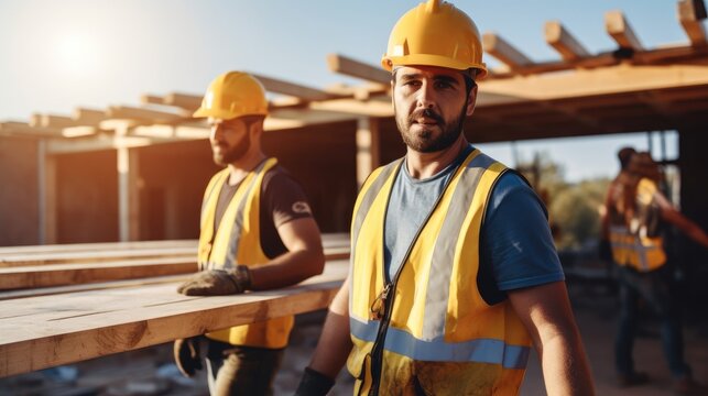 Manual workers carrying wood plank at construction site.