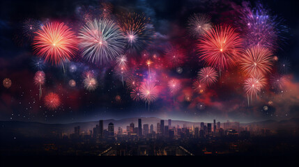 fireworks over the city, New Year, Generative AI