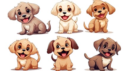 Set of funny puppies. Cartoon, soft coloring, flat vector design, isolated on white background