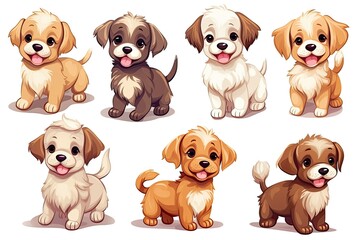 Obraz premium Set of funny puppies. Cartoon, soft coloring, flat vector design, isolated on white background