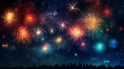 Fototapeta na wymiar fireworks over the silhouette of a city, happy new year, Generative AI