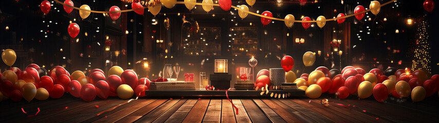 sylvester and christmas party at home with champagne, a lot of balloons and a christmas tree in the background, banner - obrazy, fototapety, plakaty