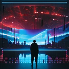 A silhouette of a person standing in front of a giant digital screen with a flow of data showing various cyber threats and vulnerabilities 
