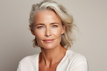 Fototapeta premium Agedefying Model Flaunts Natural Makeup Against Warm Background