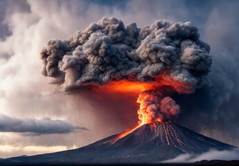 Volcanic eruption in a mountainous region in the throes of eruption, emits a large, billowing ash cloud  which blankets the volcano’s peak. 