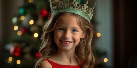 Festively Adorned Girl, Smiling in Christmas Dress and Crown, Awaits Santas December Gifts in Cozy...