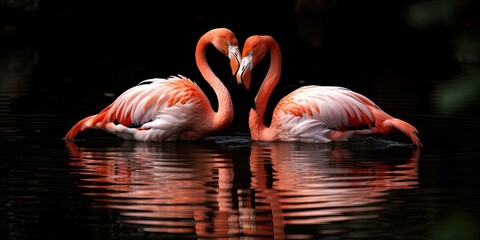 Dwa różowe flamingi przytulające się na jeziorze.  - obrazy, fototapety, plakaty