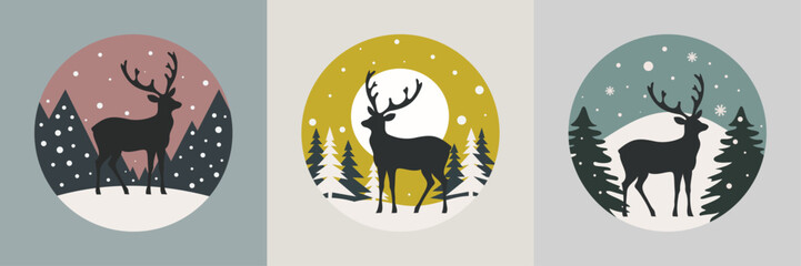 Set of winter reindeer illustrations 