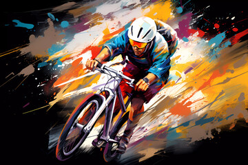Colorful flat illustration of a cycling sports event, cycling race. An image of a cyclist athlete in the style of graffiti.
