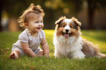 Naklejka na ściany i meble Baby Girl Playing With Dog On Lawn Friendship And Fun