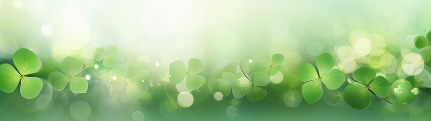 four leave clover as lucky charm on blurred light green background, sylvester banner - obrazy, fototapety, plakaty