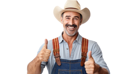 The male farmer thumbs up and smiles happily