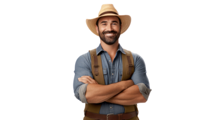 The male farmer crossed his arms and smiled happily