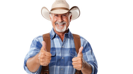The male farmer thumbs up and smiles happily