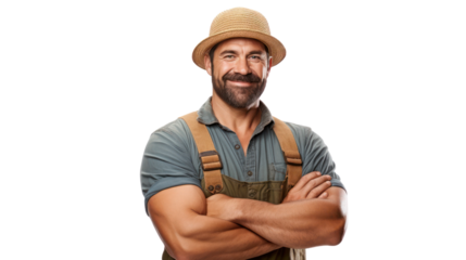 The male farmer crossed his arms and smiled happily