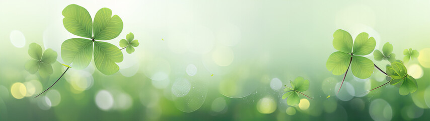 big four-leaf clovers as a lucky charm on a light blurred background, happy new year banner - obrazy, fototapety, plakaty