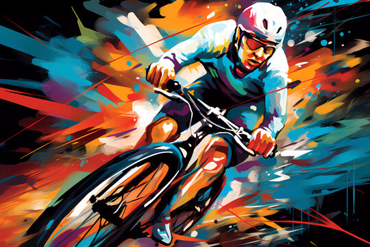 Colorful flat illustration of a cycling sports event, cycling race. An image of a cyclist athlete in the style of graffiti.