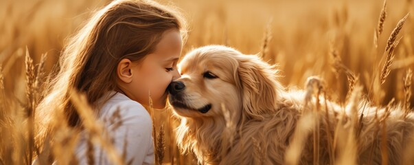 Child Kissing Dog In The Field Natures Loving Bond