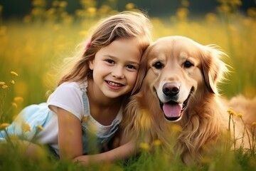 Cute Girl And Golden Retriever On Green Meadow Pure Bliss