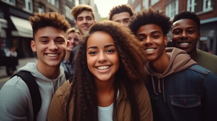Smiling multi ethnic student taking selfie on city street.