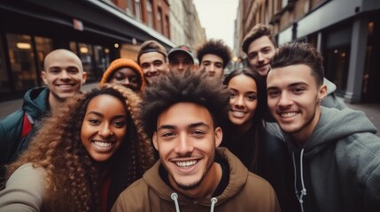 Obraz premium Multi ethnic student guys and girls taking selfie on city street.