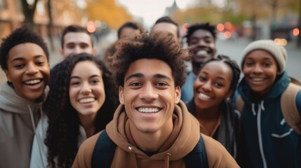 Obraz premium Smiling multi ethnic student taking selfie on city street.