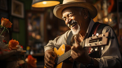 Happy Cuban musician, playing his guitar. sharing their music in a tavern in Havana, quiet lifestyle in the Caribbean - obrazy, fototapety, plakaty