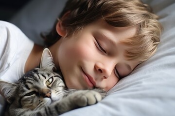 Joyful Portrait Happy Boy Cherishes His Cat In Closeup