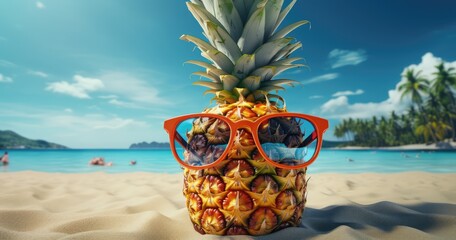 Ananas w okularach przeciwsłonecznych na plaży.  - obrazy, fototapety, plakaty