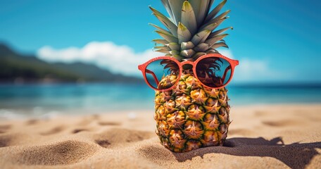 Ananas w okularach przeciwsłonecznych na plaży.  - obrazy, fototapety, plakaty
